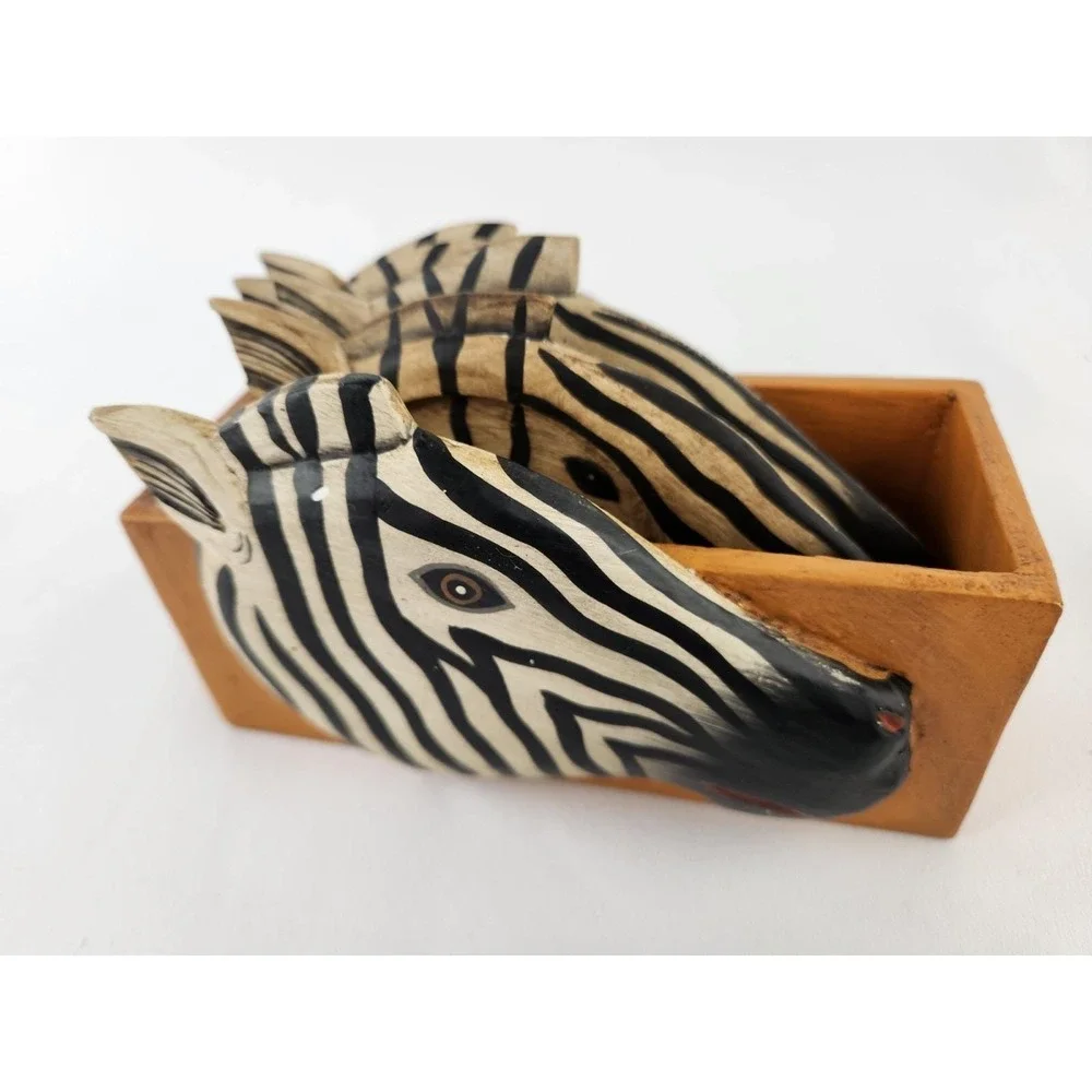 Zebra Head Wood Coasters Set Holder Lily M Wilson Hand Painted Safari MCM‎ VTG